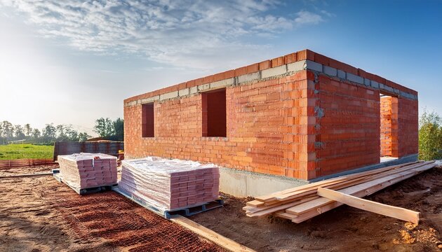 renovation projects building of extension of the existing house unfinished brick walls block work insulation stacks of materials on scaffoliding selective focus