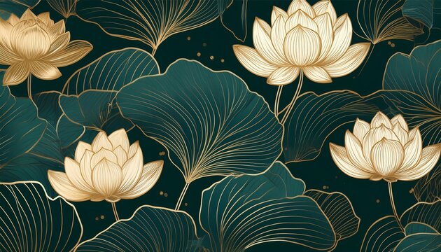 gold outline lotus flowers and leaves on dark green background seamless pattern floral