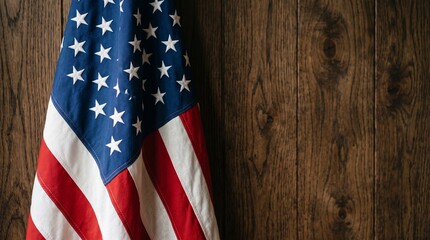 Obraz premium Rustic Dark Oak Wood and American Flag Fabric Texture Background Template Photo