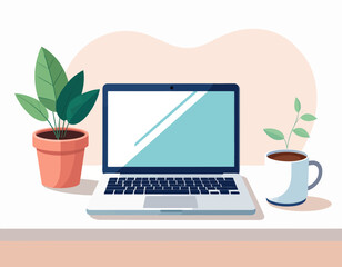 Fototapeta premium Modern laptop with potted plants and coffee cup on desk.