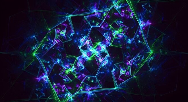 Geometric patterns form a vibrant neon structure of intersecting lines and glowing particles in a complex abstract composition.