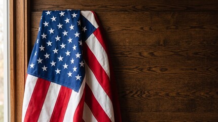Obraz premium Rustic Dark Oak Wood and American Flag Fabric Texture Background Template Photo