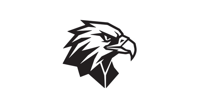 Minimal sharp eagle head silhouette with angular geometric beak, isolated white background, premium black and white vector logo design, modern corporate branding