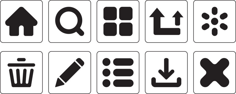 Essential user interface icon set with home, search, dashboard, upload, delete, edit, download, list and close symbols