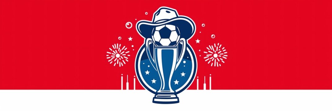 Long horizontal flat design banner template for soccer championship celebration, sport trophy with football cowboy hat fireworks stars red white blue event header marketing layout,USA soccer style