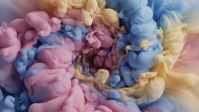 Abstract macro shot of soft pastel colored swirling cream with smooth ridges in pink, pale yellow, and light blue creating a thick liquid wave and spiral pattern texture.