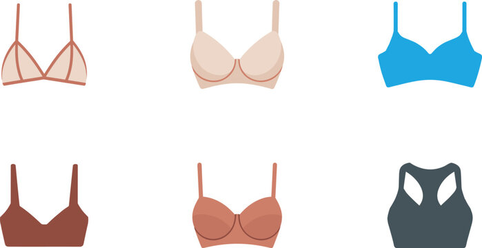 Women&rsquo;s bra vector illustration set featuring diverse lingerie and sports bra designs in modern styles, colors, and shapes for fashion, apparel, and branding projects
