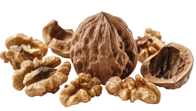 Isolated whole walnut with natural fresh shelled kernels and empty brown shells