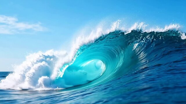 Ocean wave curling with blue sky