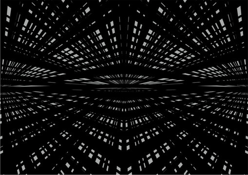 A monochromatic abstract pattern of glowing white dashes and lines arranged in a symmetrical matrix perspective over a black background, evoking binary code or a digital universe.
