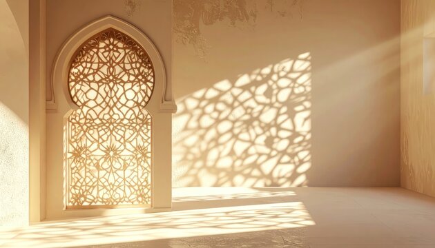 An empty room with traditional Islamic architectural elements and sunlight streaming through a decorative window.