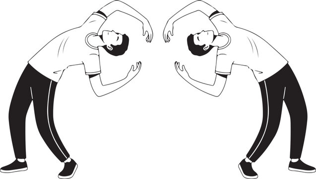 A symmetrical black and white line art vector illustration showing two mirrored figures of a man doing a deep backwards backbend stretch.