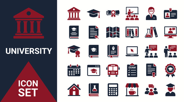 University icon set features various educational icons on white background