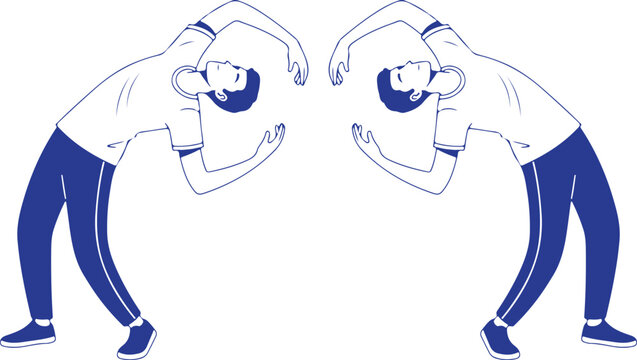 A symmetrical blue and white line art vector illustration showing two mirrored figures of a man doing a deep backwards backbend stretch.