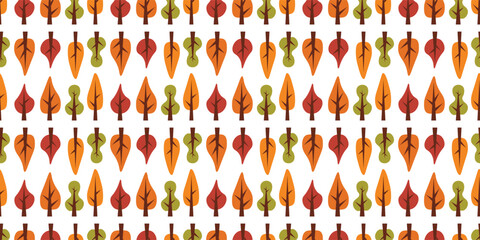 Stylized fall forest repeating pattern with colorful trees on white background © rymarenko