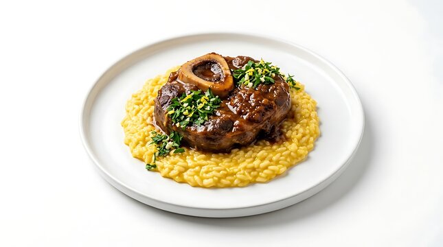 Delicious osso buco veal shank served with creamy yellow risotto and fresh herbs on a round plate. veal osso bucco