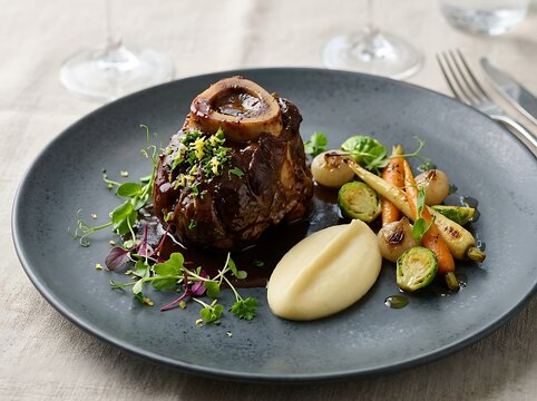 Delicious beef osso buco served with roasted vegetables and fresh green herbs on a dark round plate. veal osso bucco