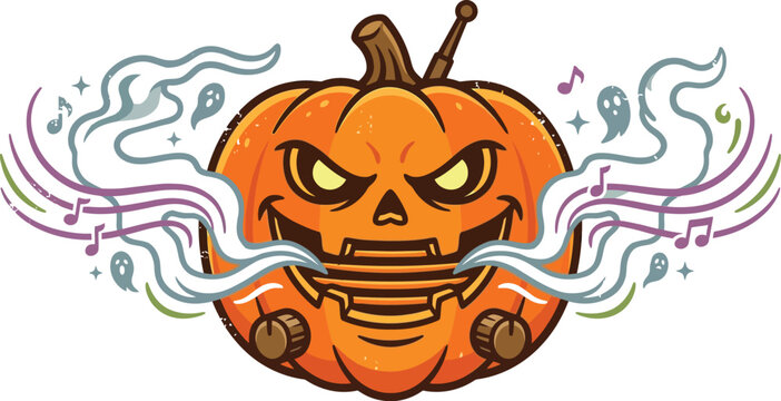 Pumpkin radio plays spooky tunes while emitting magical vapor clouds.