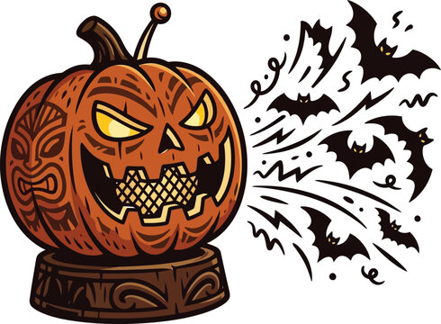 Pumpkin carving depicts a tiki face releasing a swarm of small bats.