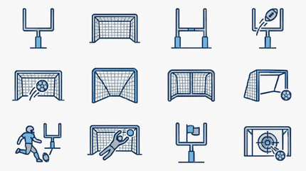 Elegant Monochromatic Icons Showcasing Various Sports Goals and Scoring Moments in Blue and White © Sigit
