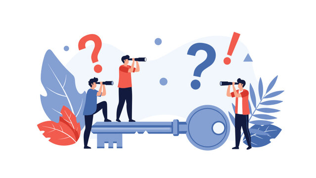 Group of searchers using binoculars while standing on large blue key to unlock solutions and answers to complex problems.