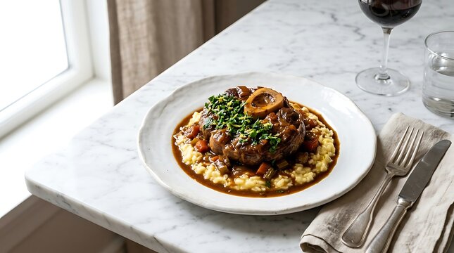 Delicious veal osso buco served with creamy polenta and fresh herbs on a plate in a bright restaurant. veal osso bucco