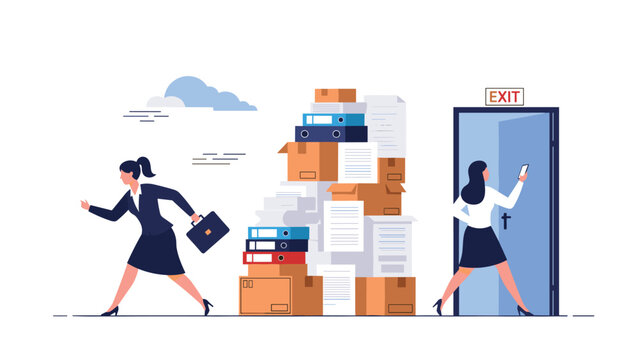 Businesswomen managing heavy workload and office exit strategy while surrounded by large pile of folders and boxes.