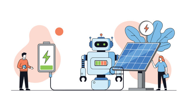 Eco friendly team using solar panels and renewable energy to charge an industrial robot and large battery for sustainability.