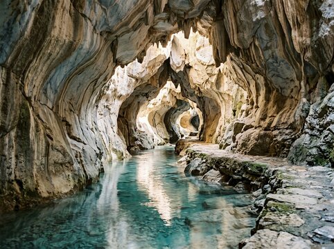 Underground river flowing through a limestone cave