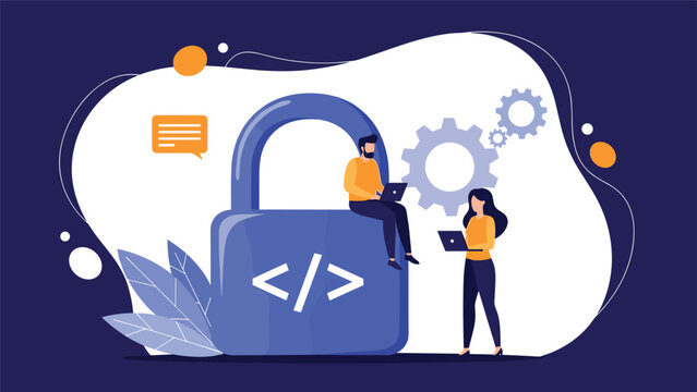 Software developers working on a giant blue padlock with coding symbols representing data encryption and cybersecurity.