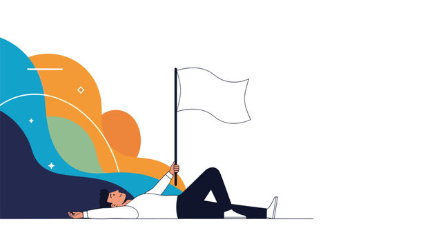 Tired man lying on the ground holding a white flag of surrender against a vibrant and colorful flowing background.
