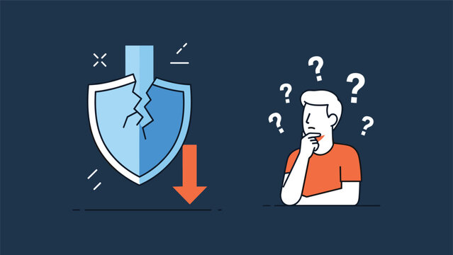 Confused man with question marks around his head looking at a broken blue shield and a downward pointing orange arrow.