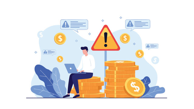 Businessman working on a laptop while sitting on a stack of coins next to a large warning sign and alert messages.