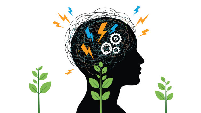Mental health recovery and mindfulness concept featuring a brain silhouette with chaotic thoughts and growing green plants.