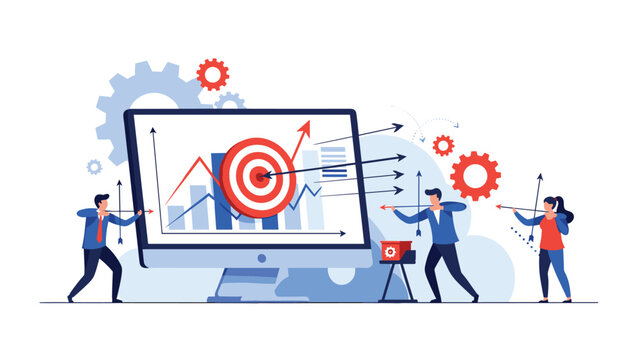 Targeted marketing and business strategy concept with a team shooting arrows at a bullseye on a computer monitor.