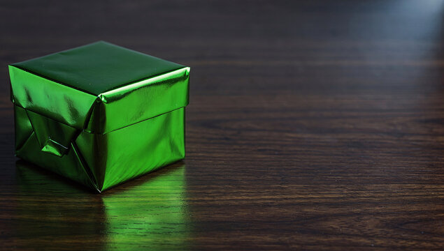 Side view of small green glossy metallic gift box on dark wooden tabletop background