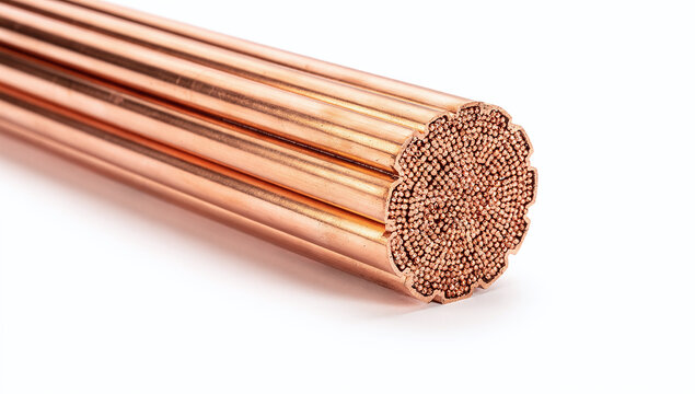 Close up of thick stranded copper wire cable cut section on white background