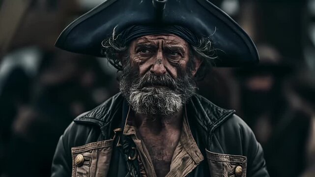 Europe medieval lifestyle. A closeup portrait of an elderly man, captured in a candid moment. He wears a black cocked hat, a leather jacket, and has a full beard and mustache.
