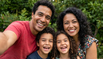 Fototapeta premium Happy Family Taking Selfie Outdoors in Summer Park, Smiling Parents and Children Enjoying Quality Time Together Nature, Lifestyle, Bonding, Love, Parenthood, Childhood, Family Time, Cheerful Happiness