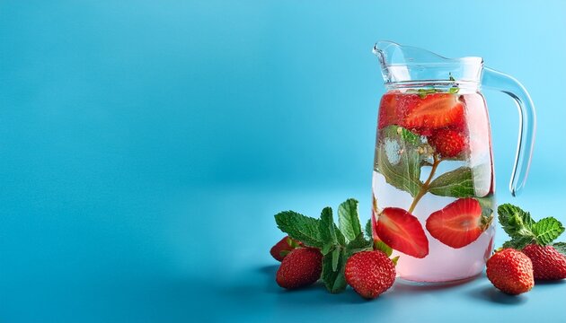 fresh strawberry infused water with herbs on blue background with copy space
