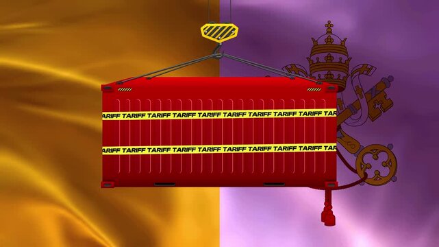 Religious Symbolism Container: A bright red cargo container, marked with yellow caution tape, is being hoisted by a crane against a backdrop of draped fabric featuring religious imagery and symbols.
