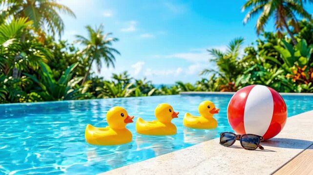 Yellow rubber ducks floating in infinity pool. Red and white beach ball with sunglasses on tropical deck. Summer vacation scene at lush resort. Relaxing poolside leisure concept for holiday escapes