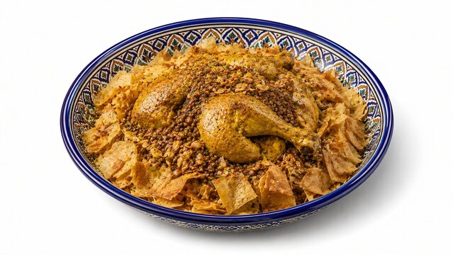 Rfissa homemade Moroccan shredded pancake with chicken and lentils for traditional restaurant menu and premium food advertising