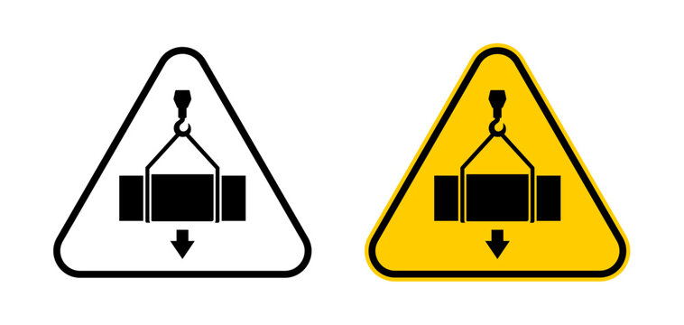 Overhead load warning sign set with suspended load symbol. Crane lifting hazard signs for industrial safety, warehouse handling and workplace protection