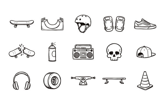 Skate park essentials icons set including broken deck spray paint boombox skull cap headphones and truck