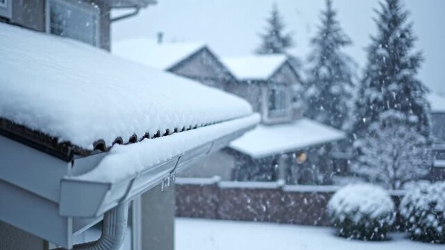 Detailed close-up of dark grey ceramic roof tiles covered in fresh white snow with clean white metal gutters on a residential house during cold winter weather conditions.