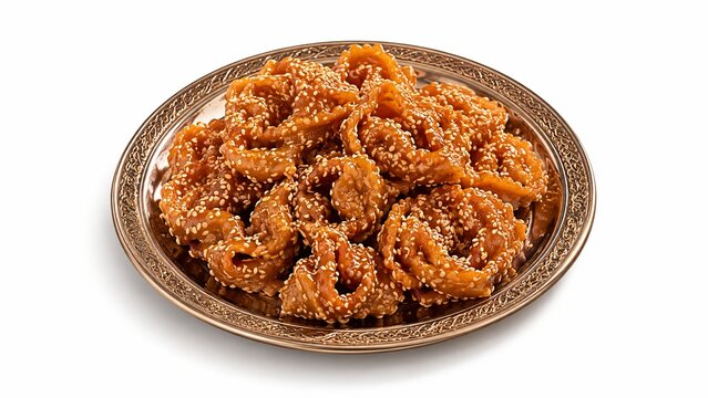 Chebakia traditional Moroccan honey cookies with sesame seeds for sweet Ramadan dessert menu and artisan food advertising