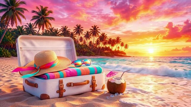 Open suitcase with straw hat, sunglasses and beach towel on sandy shore at sunset. Tropical vacation essentials next to coconut drink with umbrella. Summer travel and relaxation concept