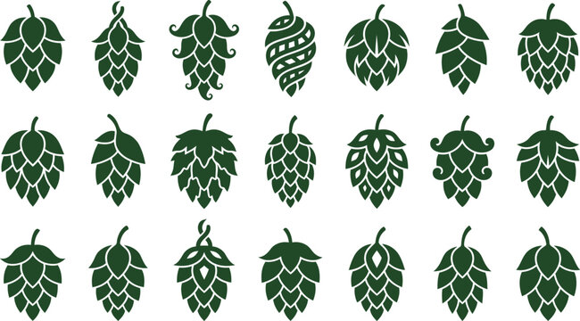 Creative Hop Cone Botanical Icons Collection Featuring Brewing Vector Leaf Designs