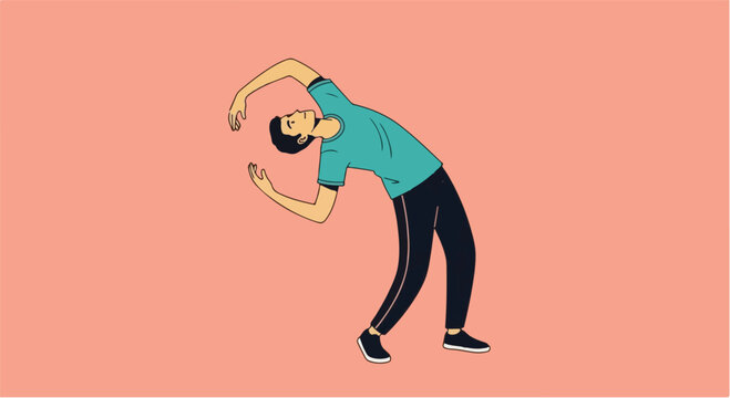 A flat vector illustration of a young man in athletic wear performing a standing back-bend stretch, showcasing flexibility, fitness, and workout routines against a solid pastel pink backdrop.